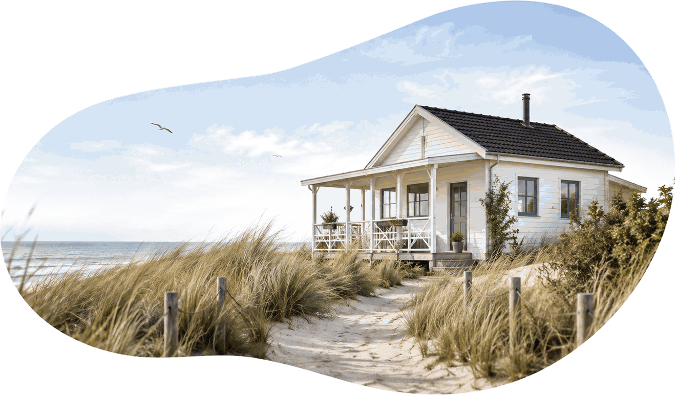 Vakantiewoning aan het strand bij zonsondergang